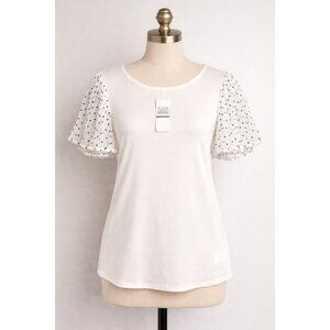 Rio & Rian Womens Ivory Polka Dot Pleated Sleeve Blouse Top Size L